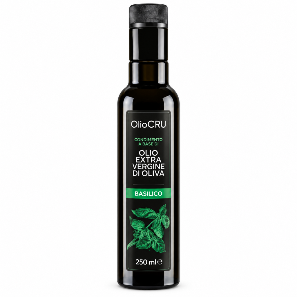 Condimento a base di olio extra vergine di oliva aromatizzato al Basilico – OlioCru