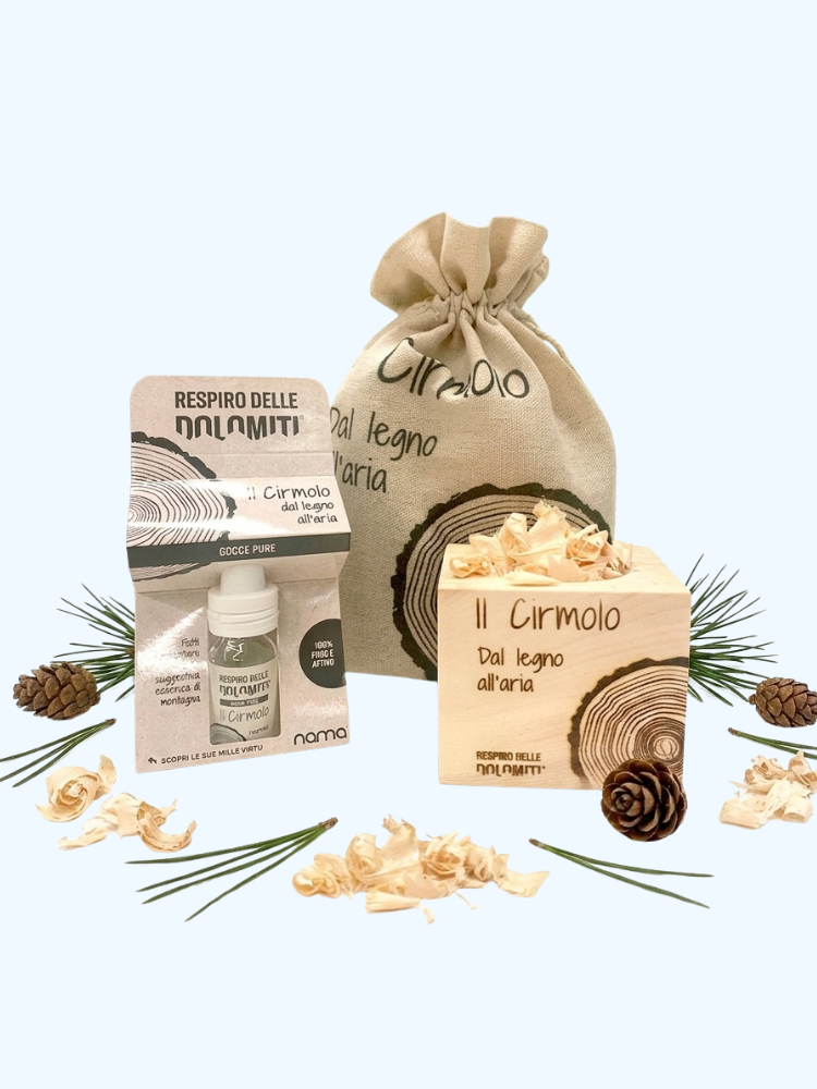Cubetto quiete in legno e Gocce pure di Cirmolo - Respiro Delle Dolomiti